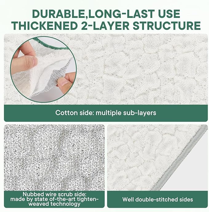 Innovative Dishwashing Cloth 2 Layers(Soft Cotton Layer and Nubbed Wire Scrub Layer)Dish Cloth with Hanging Rope Ideal for Kitchen Cleaning and Housekeeping to Clean Dishes Cookware Sinks Countertops