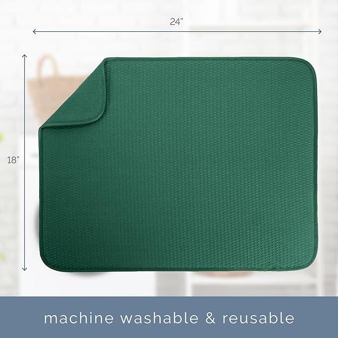 S&T INC. Dish Drying Mat XL, 18” x 24”, Absorbent Microfiber Kitchen Counter Mat, Drying Pad for Dishes, Utensils, Pots and Pans, Extra Large, Diamond Texture, Emerald Green