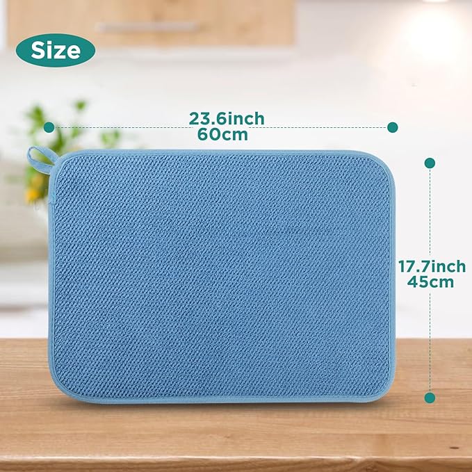 GeeRic Microfiber Dish Drying Mat, Super Absorbent Kitchen Dish Drying Pad for Mother's Day, Reversible Gift Mats for Countertop, 17.8 * 23.6 inch Blue