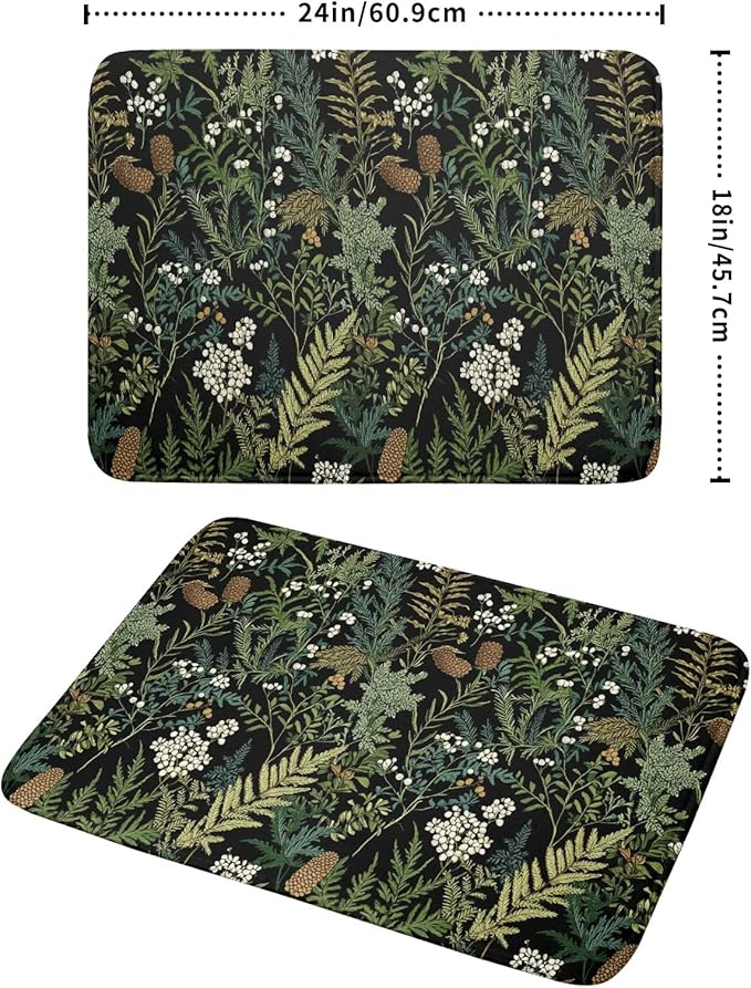 Green Plant Fern Leaves Floral Dish Drying Pad 18 x 24 Inch With Absorbent Reversible Microfiber Black Flower Botanical Leaf Vintage Drying Mats Dish Drainer Mat Fast Dry For Kitchen Dining Room