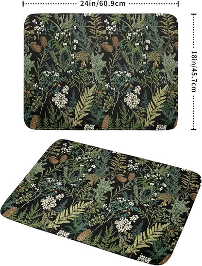 Green Plant Fern Leaves Floral Dish Drying Pad 18 x 24 Inch With Absorbent Reversible Microfiber Black Flower Botanical Leaf Vintage Drying Mats Dish Drainer Mat Fast Dry For Kitchen Dining Room