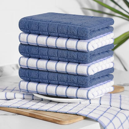 Homaxy Premium Cotton Kitchen Towels 16"x 28", Large Natural Ring Spun 390 GSM Dish Towels, Super Absorbent Terry Kitchen Hand Towels, Soft Tea Towels with Hanging Loop, Navy Blue Check Design, 8 Pack