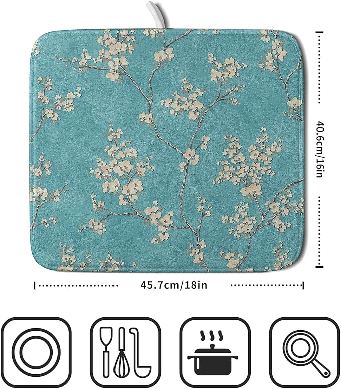 Teal Turquoise Dish Drying Mat for Kitchen Counter Spring Floral Drying Mat 16 x 18 Inch with Absorbent Reversible Microfiber Dish Drying Pad Dish Rack Drainer Mat for Coffee Bar