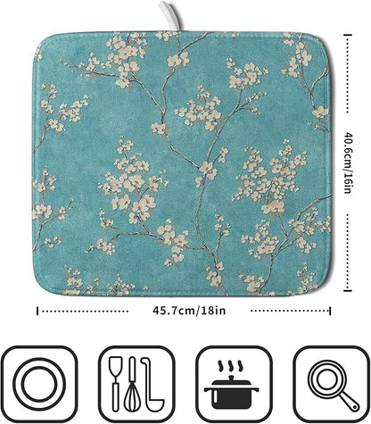 Teal Turquoise Dish Drying Mat for Kitchen Counter Spring Floral Drying Mat 16 x 18 Inch with Absorbent Reversible Microfiber Dish Drying Pad Dish Rack Drainer Mat for Coffee Bar
