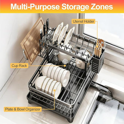 2-Tier Stainless Steel Dish Drying Rack with Drainboard - Utensil & Cutting Board Holder, Kitchen Counter Organizer Dish Drainer for Plates Bowls Cups Silverware, Space-Saving Functional, Matte Black