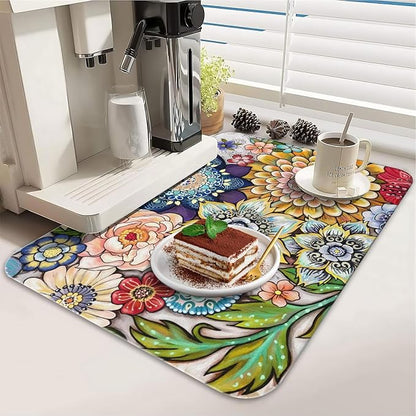 Dish Drying Mat for Kitchen Counter 2 Pack with Non-Slip Rubber Backing - Heat-Resistant Absorbent Coffee Bar Mat, Dish Rack Mat, Mandala Flower Dish Drying Mats 18x24+19.5x12 inch