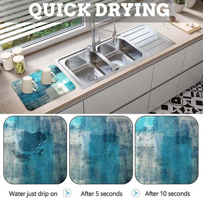 MCALK Turquoise Dish Drying Mat for Kitchen Counter, Teal Dish Drying Pad with Anti-Slip Rubber Base, Absorbent Kitchen Sink Mat with Abstract Art Decor (1 pc 18" x 16")