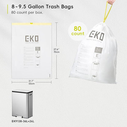 EKO Easy-Dispense Roll 80 Count Extra-Strong Drawstring Tall Kitchen Trash Bag, 8-9.5 Gallon Trash Bag (30.3L-36L) 1 Pack White, Code E