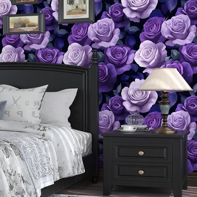 Extra Long Purple Floral Wallpaper Peelable, 17.5In x 32.7Ft Vintage Dark Purple Rose Wallpapers, Romance Removable Vinyl Contact Paper for Bathroom Bedroom Living Room Drawer Bookshelf Plum