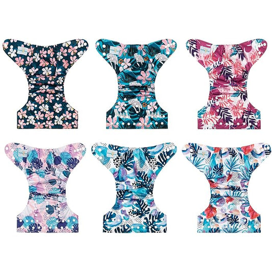 babygoal Reusable Cloth Diapers 6 Pack with 10pcs Inserts, One Size Adjustable Washable Pocket Nappy Covers for Baby Girls and Boys 6FG30