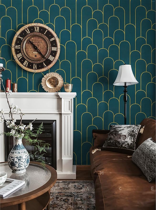 Yasinet Peel and Stick Wallpaper Green and Gold Wallpaper Dark Green Contact Paper Modern Geometric Removable Self Adhesive Wall Paper for Bedroom/Cabinet Waterproof for Bathroom Vinyl 197" x 17.3"