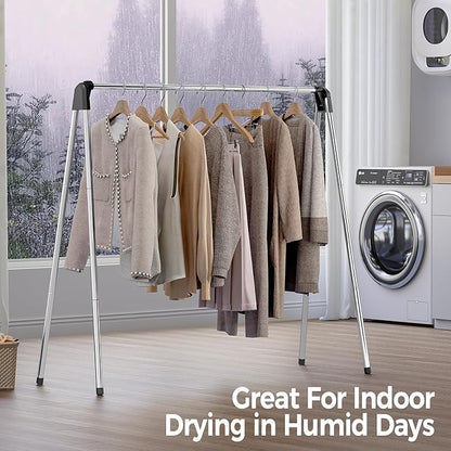 TOOLF Clothes Drying Rack Foldable, Laundry Drying Rack Stainless Steel, Portable Clothes Rack, Drying Rack for Clothing, Indoor Outdoor, Free-Standing, Large Capacity