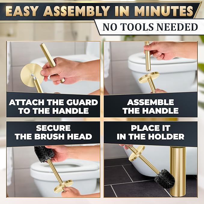 Gold Toilet Brush and Holder Set - Brushed Stainless Steel Gold Toilet Bowl Brush and Holder with Replaceable Head, Removable Inner Bowl, and Splash Protection - Dense Bristles for Thorough Cleaning