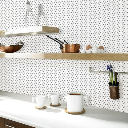 Erfoni Black and White Peel and Stick Wallpaper Modern Herringbone Contact Paper Bathroom 17.7inch x 590.5inch Geometric Removable Wall Paper Peel and Stick Backsplash Self Adhesive Contact Paper