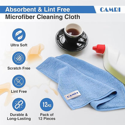CAMRI Microfiber Towel Cleaning Cloth – Pack of 12, Size 12.6” x 12.6”, Blue, Lint Free, Super Absorbent, Streak Free, Washable, Multipurpose Cleaning Rags for Kitchen, Glass, Car, Mirror