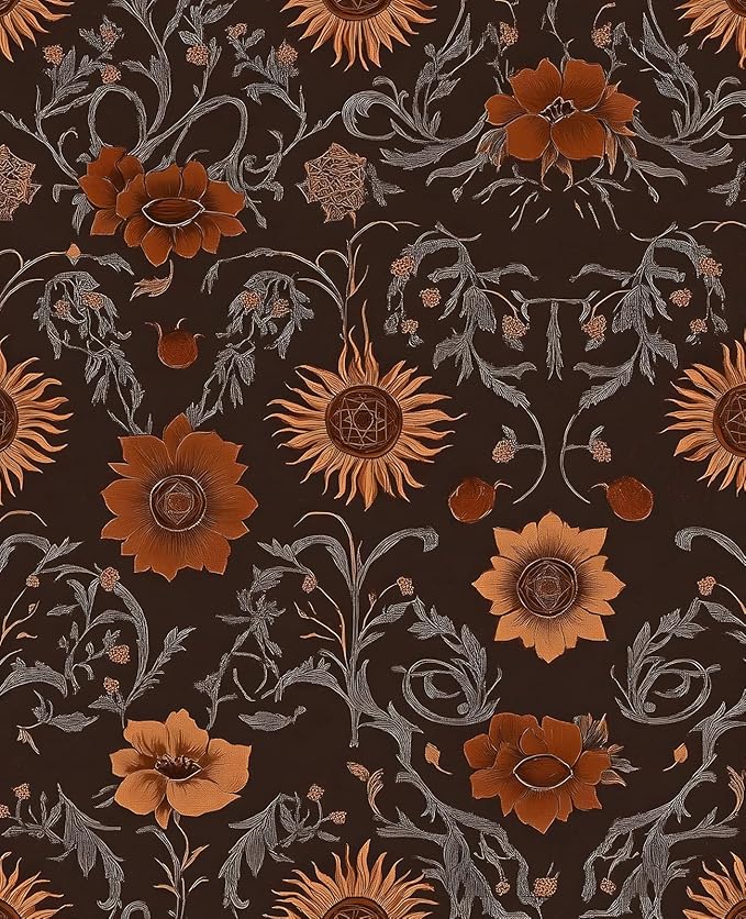 Extra Long Vintage Floral Contact Paper, 17.5In x 393In Moody Dark Brown Sunflower Botanical Pattern Self-Adhesive Wall Paper for Bedroom Cabinet Kitchen, Vinyl Witchy Wall Art Decor in Rust