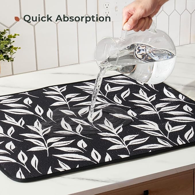 FRESHMINT Printed Dish Drying Mats for Kitchen Counter 2 Pack Absorbent Reversible Drying Mats Microfiber Kitchen Countertop Protector Dishes Drying Pad Extra Large 18"x16" Dish Mat