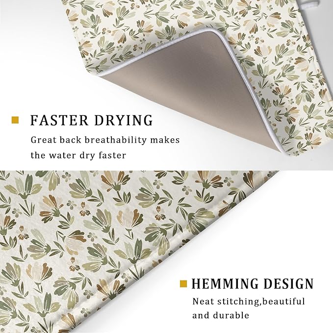 Spring Summer Daisy Floral Leaf Dish Drying Pad 18 x 24 Inch With Absorbent Reversible Microfiber Green Brown Leaves Flowers Drying Mats Dish Drainer Mat Fast Dry For Kitchen Dining Room Decoration
