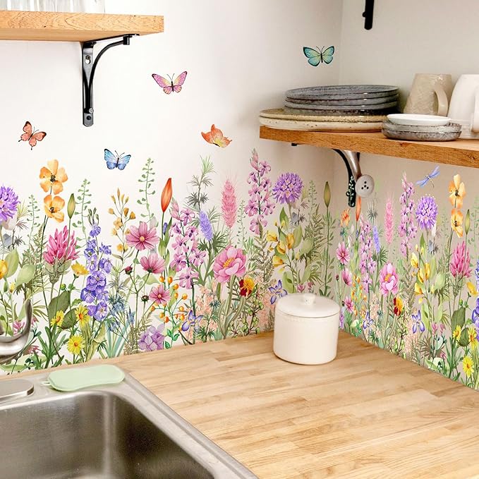 Wildflower Wall Decals Peel & Stick Floral Wall Art - Removable Flower Wall Stickers for Girls Bedroom Nursery Living Room DIY Home Decor with Butterflies Vines Daisies