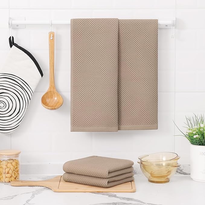 Kitinjoy 100% Cotton Waffle Weave Kitchen Hand Towels (13 X 28 Inches, Tan), 6-Pack Super Soft and Absorbent Dish Towel for Drying Dishes