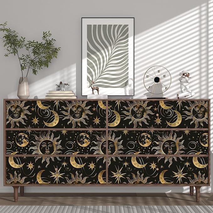 Laatse Black Peel and Stick Removable Vintage Wallpaper Gold Celestial Sun Moon Star Contact Paper 17.5" x 118" Dark Boho Mural Waterproof for Wall Bedroom Kitchen Bathroom Cabinet Room Decor