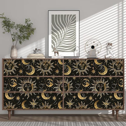 Laatse Black Peel and Stick Removable Vintage Wallpaper Gold Celestial Sun Moon Star Contact Paper 17.5" x 118" Dark Boho Mural Waterproof for Wall Bedroom Kitchen Bathroom Cabinet Room Decor