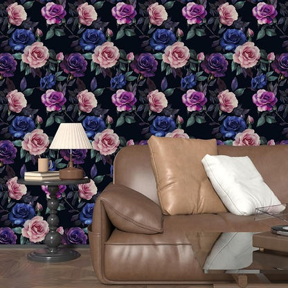 Deep Purple and Blue Roses Peel and Stick Wallpaper 17.5"X118" Gothic Vintage Floral Contact Paper Vinyl Waterproof Self Adhesive Removable Black Background Wall Decor for Bedroom Walls Cabinet Locker