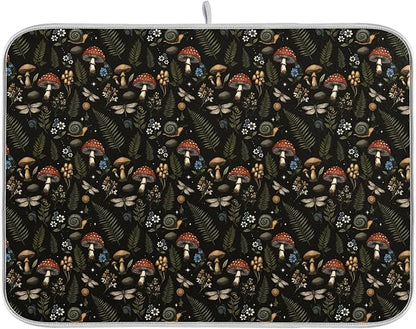 Mushroom Fern Leaves Berry Dish Drying Mat for Kitchen Counter Vintage Botanical Nature Drying Mats Super Absorbent Reversible Microfiber Kitchen Countertop Protector Dishes Pad Large18x24 inch
