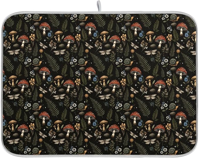 Mushroom Fern Leaves Berry Dish Drying Mat for Kitchen Counter Vintage Botanical Nature Drying Mats Super Absorbent Reversible Microfiber Kitchen Countertop Protector Dishes Pad Medium 16x18 inch