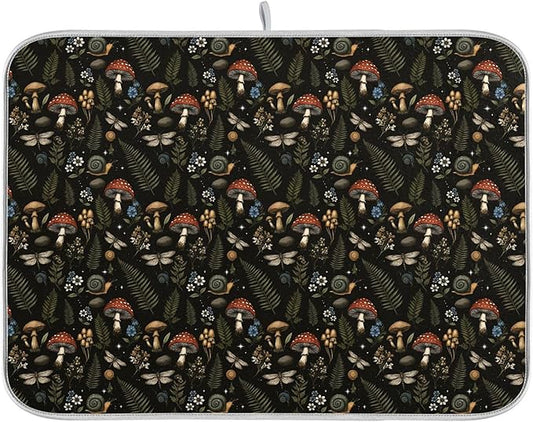Mushroom Fern Leaves Berry Dish Drying Mat for Kitchen Counter Vintage Botanical Nature Drying Mats Super Absorbent Reversible Microfiber Kitchen Countertop Protector Dishes Pad Medium 16x18 inch