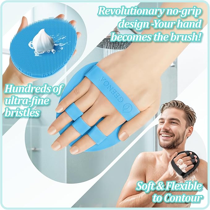 New Silicone Bath Glove with Straps, 360° Anti-Slip & Enlarged Exfoliating Body Scrubber for Rich Foaming Deep Cleaning, No-Grip & Hand-fit Shower Scrubber for All Skin Types(Black+Blue)