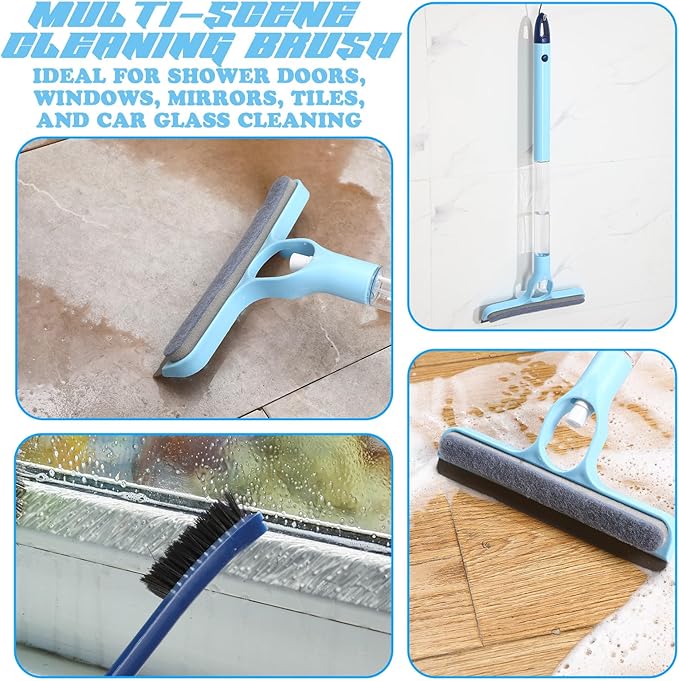Lothee 1pcs 3 in 1 Window Squeegee, 23'' Long Handle Window Cleaning Scraper, Squeegee and Scrubber with Spray for Walls, Car Windshields, Bathrooms, Kitchens (Bule)