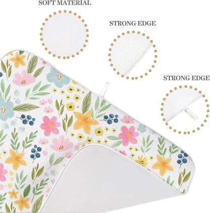 Spring Yellow Pink Blue Floral Dish Drying Mats 18x24 Inch Watercolor Flower Spring Drying Mats Seasonal Absorbent Drying Dish Pad Rack Drainer Mats for Kitchen Dining Room Counter Decorations