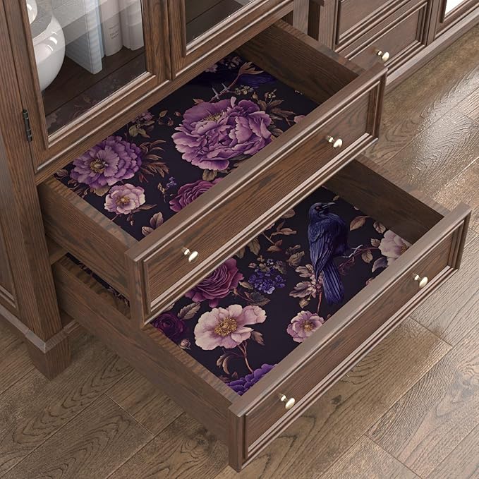 Crow Wallpaper Peel and Stick, Dark Purple Raven Bird Floral Contact Paper, Vintage Witchy Goth Wall Paper Self Adhesive Removable Waterproof for Bathroom Shelf Cabinet Drawer Table 17.5" x 118"