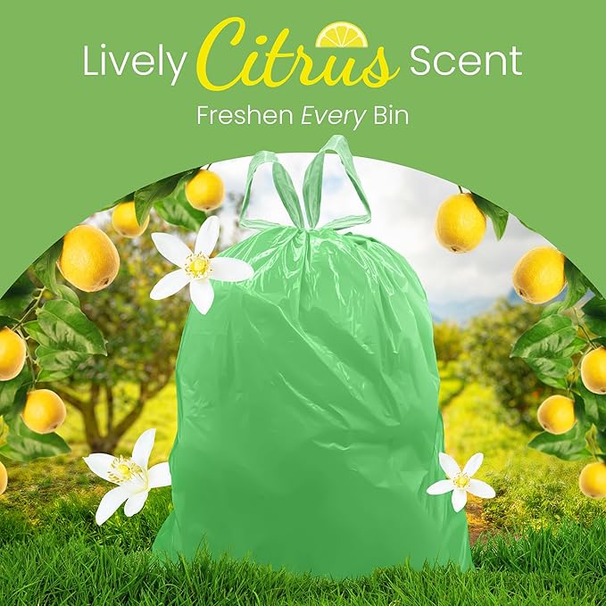 Reli. 4 Gallon Trash Bags Drawstring (50 Count) | Citrus Scented Small Trash Bags | Garbage Liners for Bathroom Can | 2 Gal - 3 Gallon - 4 Gal Small Can Liners (Green)