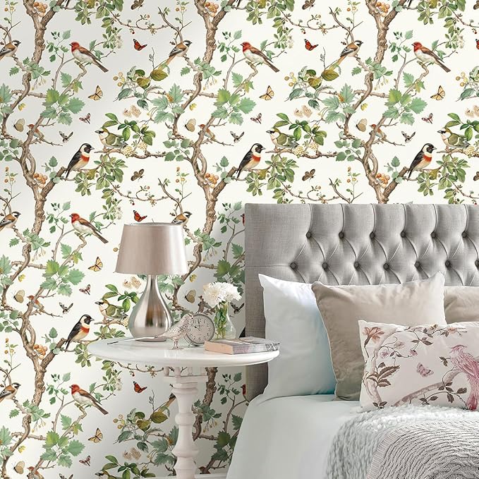 Nukofal Vintage Bird Peel and Stick Wallpaper Floral Birds Contact Paper 16.9inch x 393.7inch Butterflies Leaf Wallpaper Peel and Stick Self Adhesive Removable Wallpaper for Bathroom Walls Decor