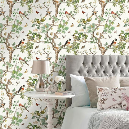 Nukofal Vintage Bird Peel and Stick Wallpaper Floral Birds Contact Paper 16.9inch x 393.7inch Butterflies Leaf Wallpaper Peel and Stick Self Adhesive Removable Wallpaper for Bathroom Walls Decor