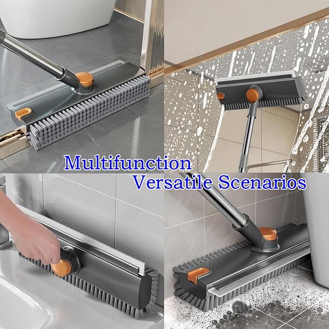 Floor Scrub Brush with Squeegee Long Handle Grout Brush 52'' 2026 Upgraded 4 in 1 Multi-Functional Stiff Bristle Cleaning Scrub Brush Rotating Tile Brush for Cleaning Bathroom Patio, Pool, Garage
