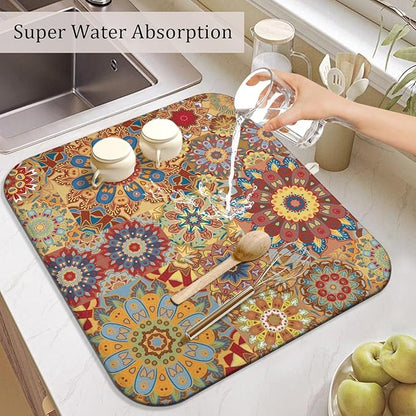 Boho Dish Drying Mat for Kitchen Countertops, Bohemian Floral Microfiber Drying Mat, Washable Absorbent Farmhouse Plaid Kitchen Countertop Dish Drainer, 16x18 Inch