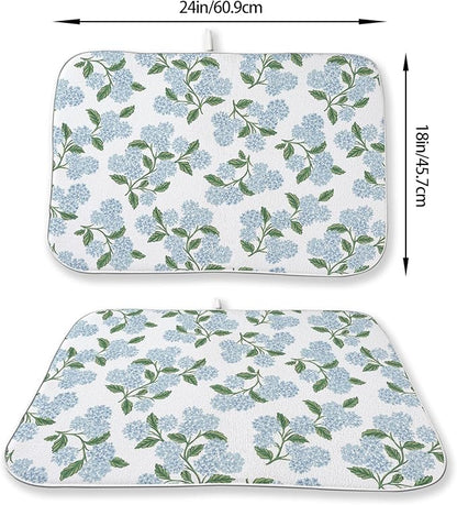 Blue Green Dish Drying Mat 18x24 Inch Vintage Floral Hydrangea Flower Drying Mat Spring Summer Absorbent Dish Drying Pad Dish Rack Drainer Mats for Kitchen Dining Counter
