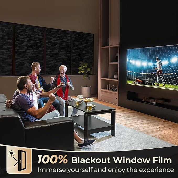 rabbitgoo Blackout Window Film, Sun Blocking Privacy Film for Room Darkening, Removable Black Out Vinyl Cover Tint for Home Day Sleep, Anti-UV Frosted Glass Clings, Black, 17.5 x 157.4 Inches
