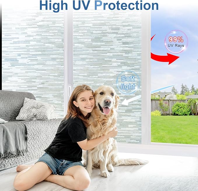 Frosted Glass Window Privacy Film Decorative, Bathroom Window Privacy Film for Glass Windows Cover, Static Cling, Removable, Reusable, Anti-UV, Anti-Glare, Heat Blocking, 17.5 Inch by 78.74 Inch