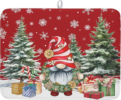 Christmas Dish Drying Mat for Kitchen Counter, Merry Christmas Dish Drying Mat 18 x 24 Inch Xmas Gnomes Absorbent Reversible Microfiber Dish Drying Pad Kitchen Drying Mat for Coffee Bar