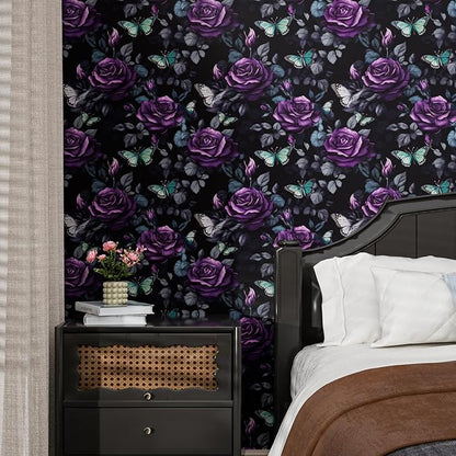 Fvlow Black Foral Wallpaper Peel and Stick Dark Purple Rose Contact Paper 17.4" x 393", Waterproof Self-Adhesive Flower Butterfly Wall Paper for Bedroom Countertop Desk Cabinets Decor Renter Friendly