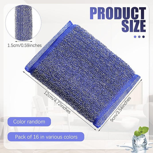 Roshtia Steel Wool Scrub Sponges for Kitchen, 16 Pack Non-Scratch Dish Sponges Multipurpose Cleaning Scrubbers for Dishes, Pots, Pans and Hard Stains, Color Random