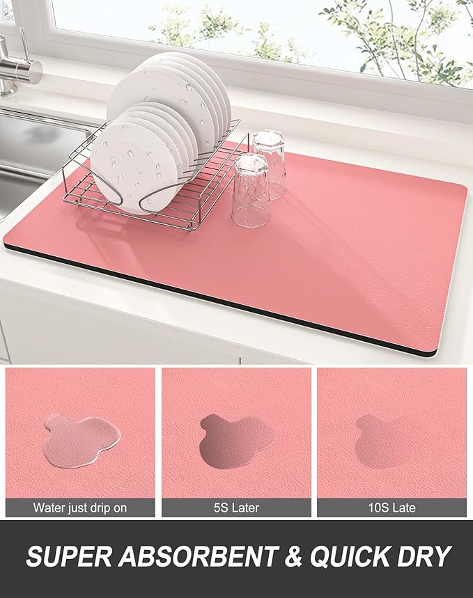 Rnivvi Dish Drying Mat for Kitchen Counter, XL 15 x 24" Super Absorbent Drainer Pad Easy Clean Dish Rack Pad, Non-Slip Heat Resistant Coffee Bar Mats for Coffee Machine Station Accessories, Rose Pink