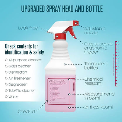 Houseables Spray Bottles, Empty Sprayer Bottle, Heavy Duty Cleaning Nozzle, 24oz, 3 Pack, Plastic, Industrial, Professional, Refillable, for Water, Alcohol, Bleach, Detailing, All-Purpose Cleaner