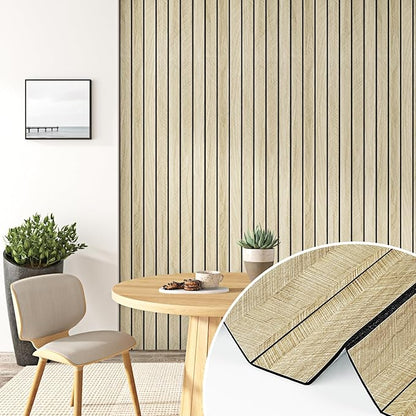 Wallercity Light Brown Wood Slat 3D Wall Panels Self Adhesive Soundproof Wooden Panel for Bedroom Living Room Peel and Stick Wood Paneling for Interior Decor Waterproof Acoustic Fence 11.7''x197''