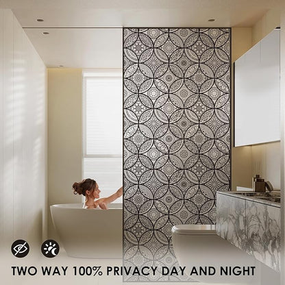 DKTIE Boho Stained Glass Look Window Privacy Film with Installation Tools, Decorative Frosted Glass Window Film Static Cling No Glue Removable, Pure Black, 35.4" x 118.1"