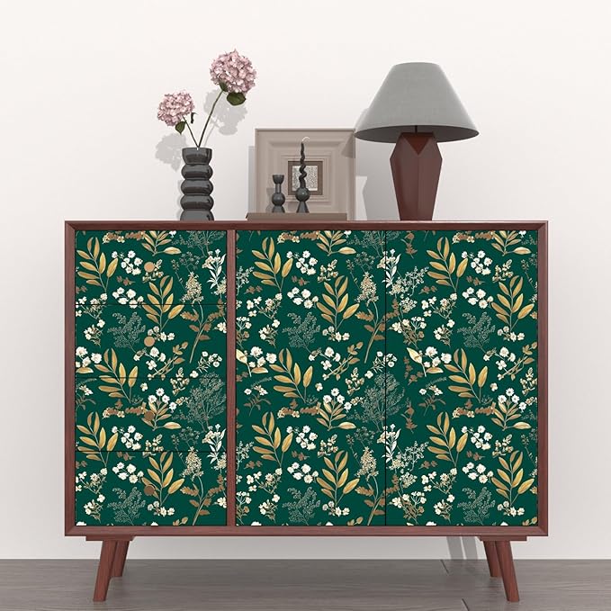 Laatse Dark Green Floral Wallpaper Peel and Stick Green Golden Leaf Wallpaper Vintage Floral Contact Paper Waterproof Self Adhesive Boho Delicate Wall Paper for Cabinet Rooms Walls Locker 17.5" x 118"